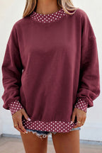 Red Dahlia Colorblock Polka Dot Contrast Trim Oversized Sweatshirt