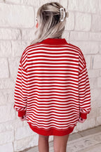 Red Stripe Christmas Slogan Embroidery Patched Mock Neck Oversized Sweatshirt
