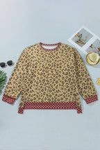 Khaki Plus Size Leopard Print Contrast Polka Dot Trim Long Sleeve Top