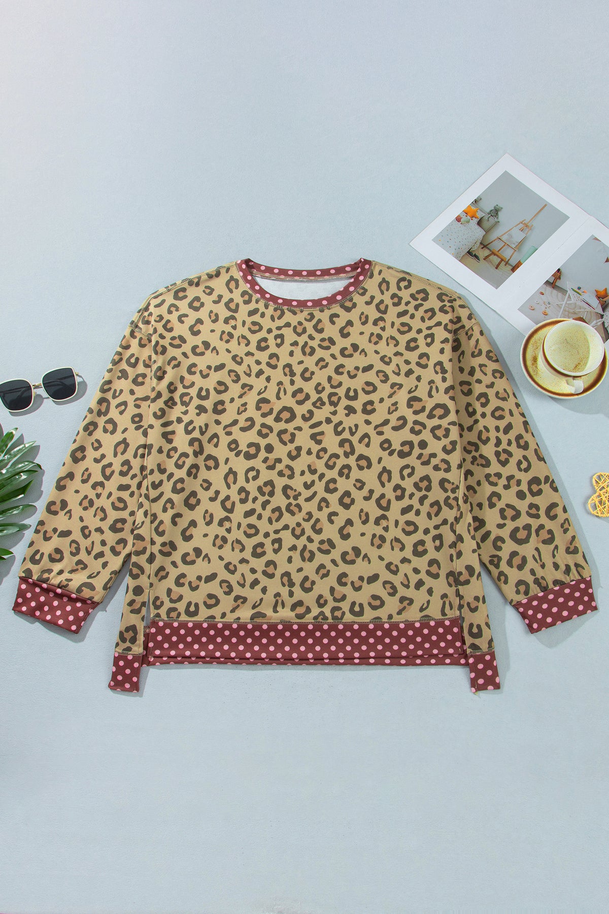 Khaki Plus Size Leopard Print Contrast Polka Dot Trim Long Sleeve Top