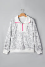Gray Floral Print Quarter Zip Stand Neck Long Sleeve Sweatshirt