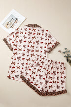White Chic Bow Cherry Printed Leopard Contrast Patchwork Shirt Drawstring Shorts 2pcs PJ Set