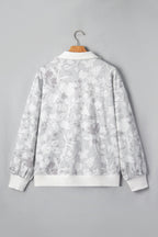 Gray Floral Print Quarter Zip Stand Neck Long Sleeve Sweatshirt