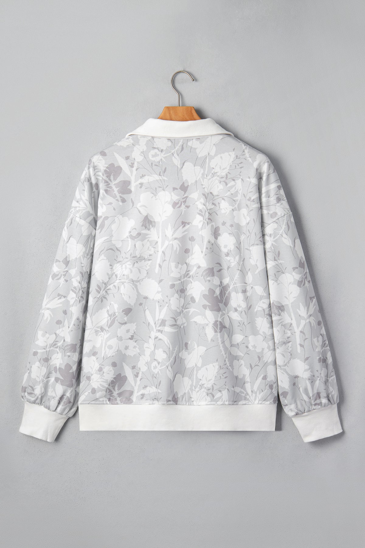 Gray Floral Print Quarter Zip Stand Neck Long Sleeve Sweatshirt
