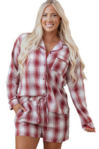 Red Retro Plaid Long Sleeve Shirt Drawstring Shorts 2pcs Lounge Set