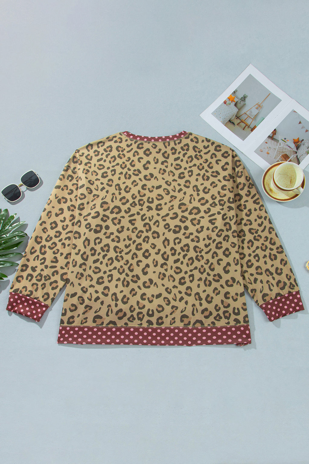 Khaki Plus Size Leopard Print Contrast Polka Dot Trim Long Sleeve Top