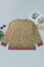 Khaki Plus Size Leopard Print Contrast Polka Dot Trim Long Sleeve Top