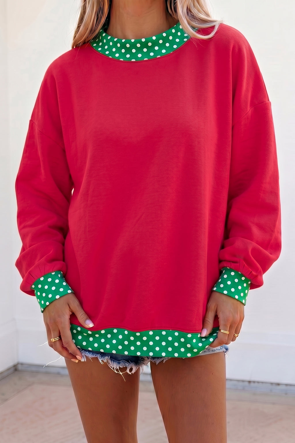 Red Dahlia Colorblock Polka Dot Contrast Trim Oversized Sweatshirt