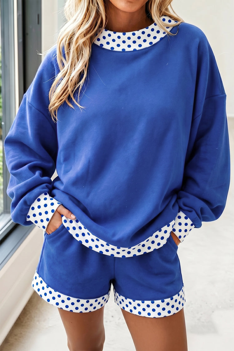 Evergreen Polka Dot Trim Baggy Pullover 2pcs Short Set