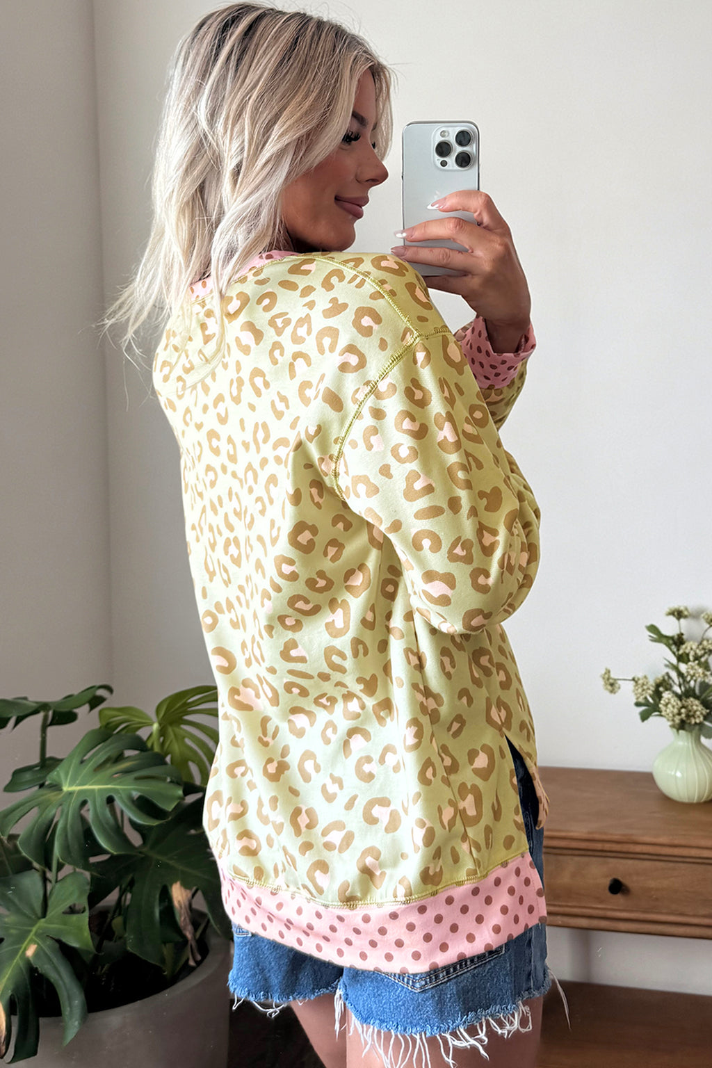 Brown Leopard Polka Dot Colorblock Trim Long Sleeve Top