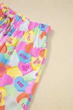 Pink Valentines Candy Heart V Neck Collared Tunic Shirt and Shorts 2pcs Pajama Set