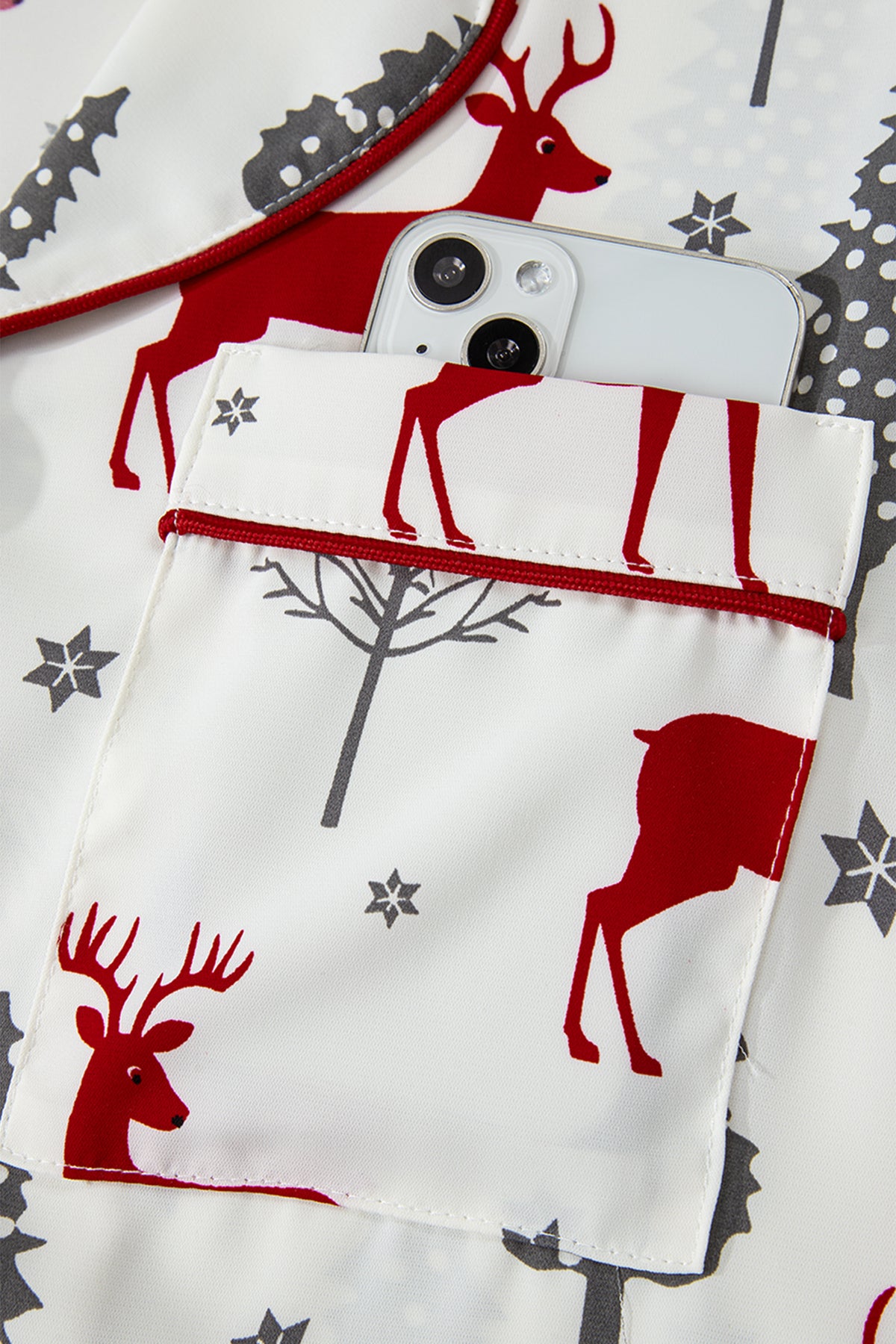 White Christmas Fashion Print Velvet Trim Bow Knot Pajama 2pcs Short Set
