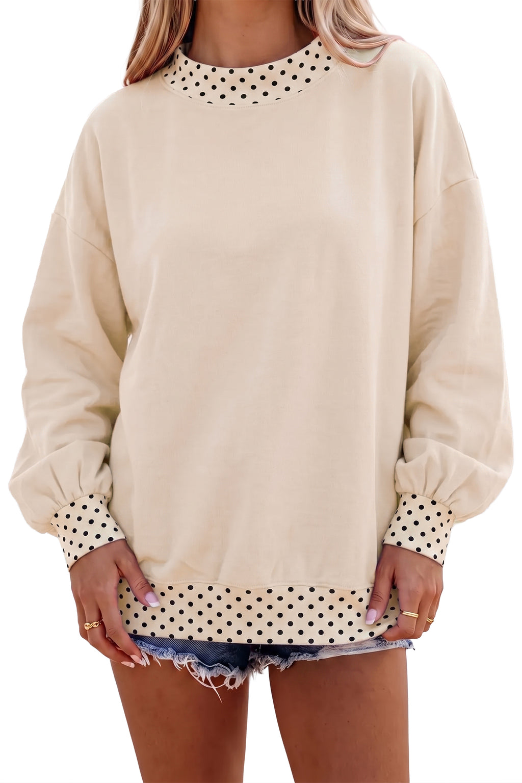 Red Dahlia Colorblock Polka Dot Contrast Trim Oversized Sweatshirt