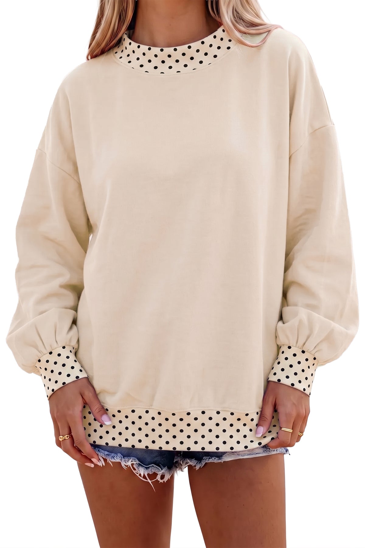Red Dahlia Colorblock Polka Dot Contrast Trim Oversized Sweatshirt