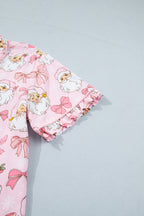 Pink Santa Print Paneling Shift Silhouette Short Sleeve Lounge Set