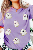 Wisteria Glitter Trim Chenille Ghost Patched Halloween Graphic Tee