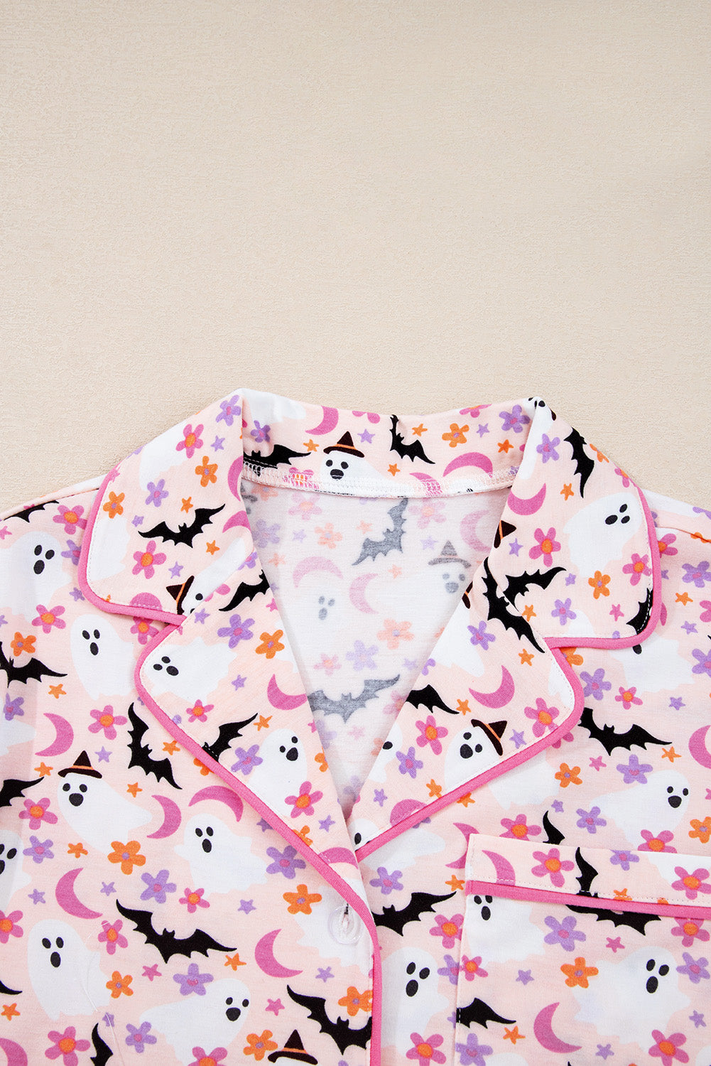 Pink Halloween Eve Haunted Honey Bat Print Pajama Set