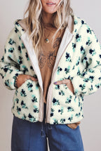 White Floral Print Faux Fur Hooded Metal Zip-up Winter Jacket