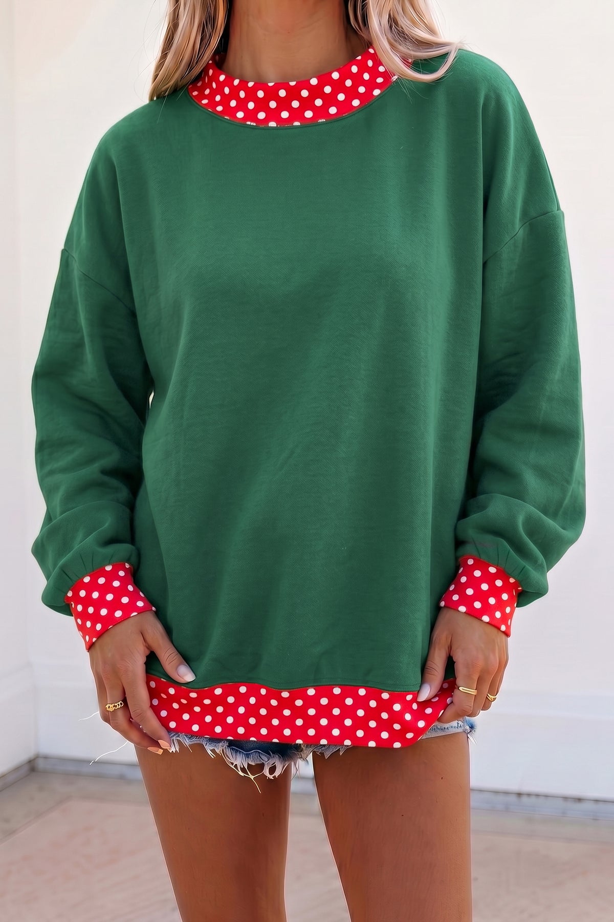 Red Dahlia Colorblock Polka Dot Contrast Trim Oversized Sweatshirt