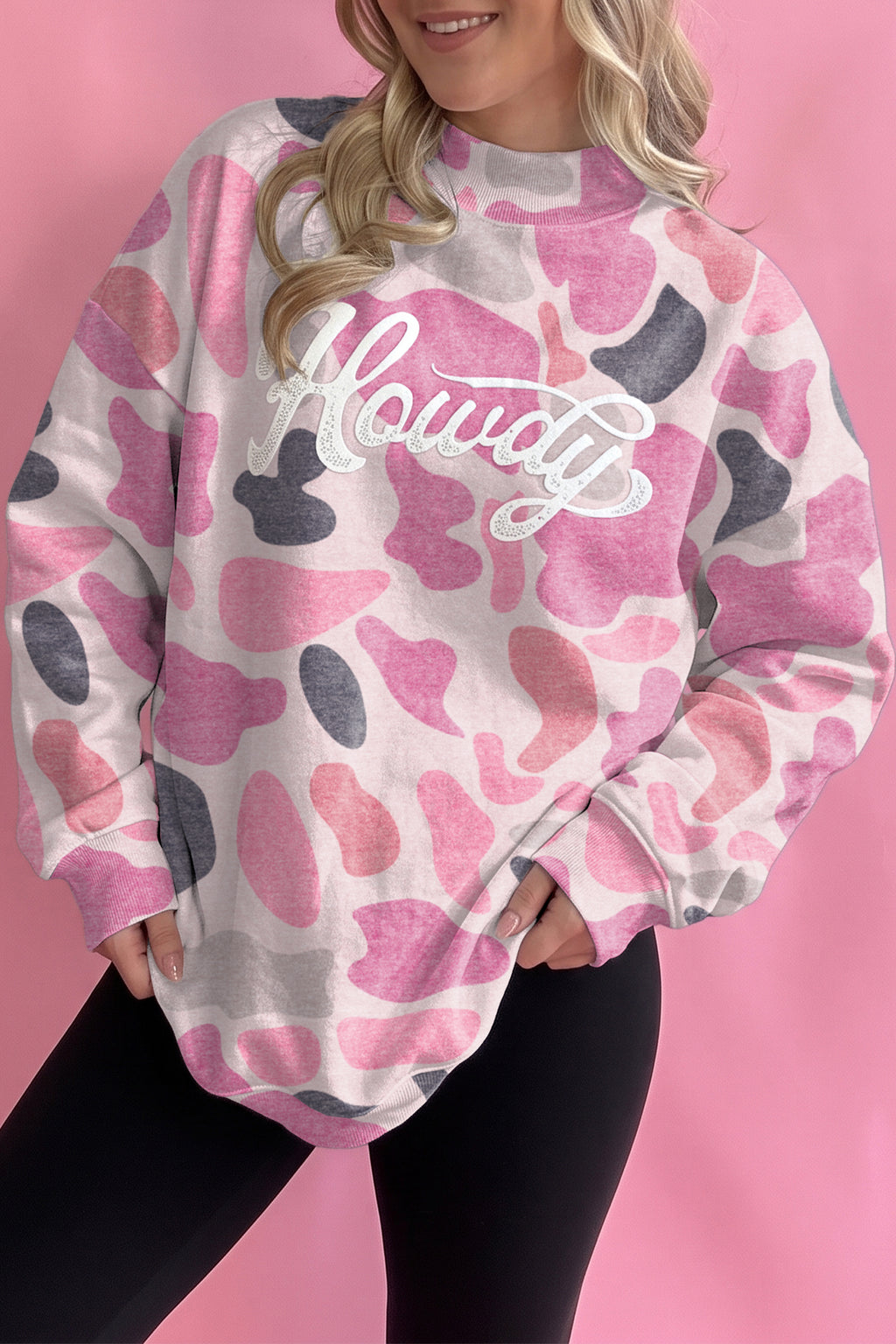 Sky Blue Camo Print Howdy Western Style Baggy Pullover Sweatshirt