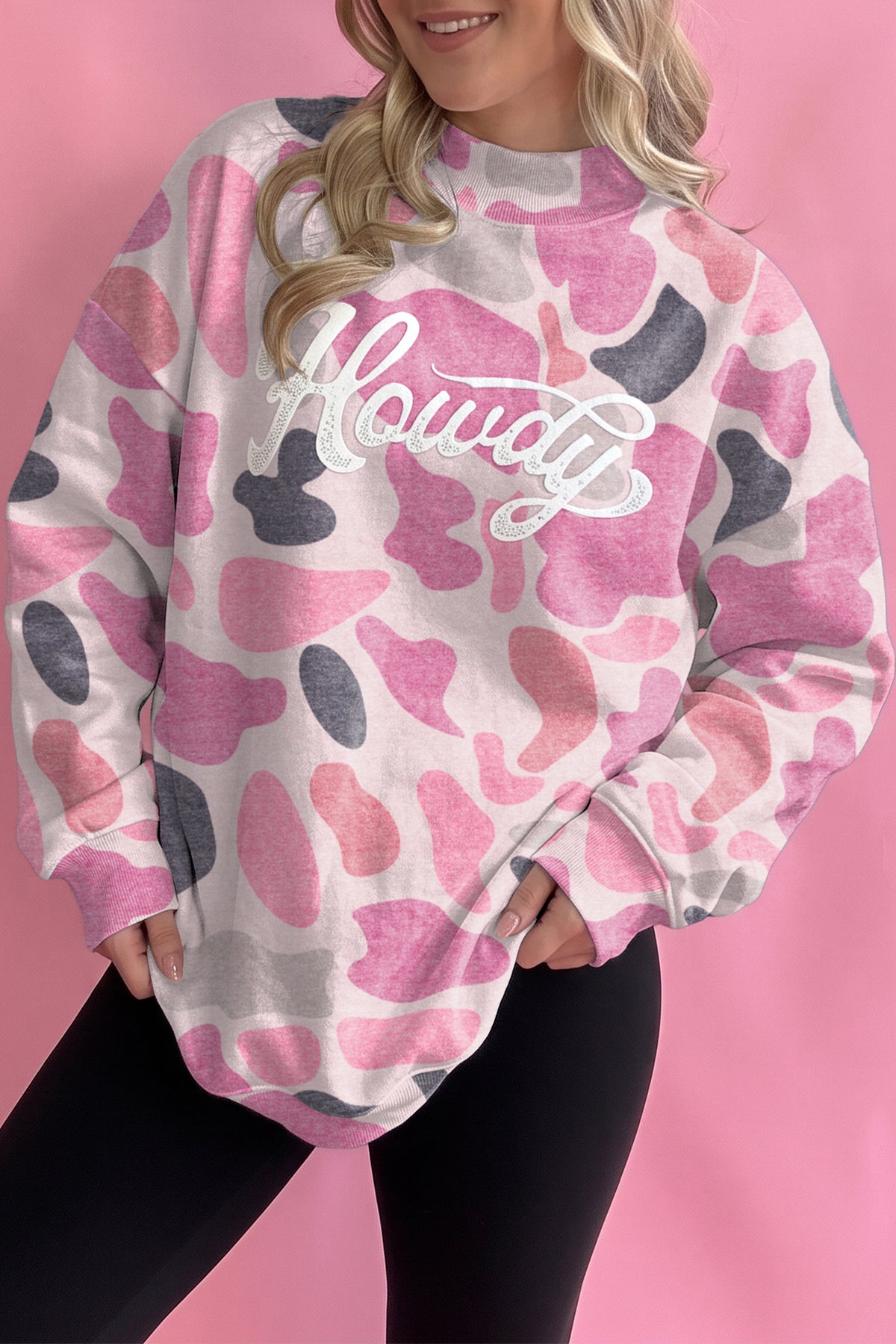 Sky Blue Camo Print Howdy Western Style Baggy Pullover Sweatshirt
