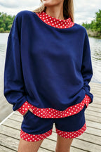 Evergreen Polka Dot Trim Baggy Pullover 2pcs Short Set