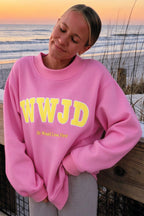 Yellow WWJD Embroidered Trim Slogan Graphic Mock Pullover Sweatshirt