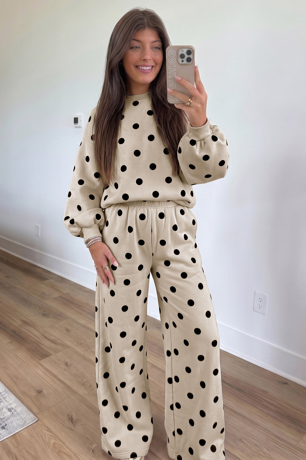 Pink Polka Dot Puff Sleeve Top Casual Pants 2pcs Set