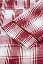 Red Retro Plaid Long Sleeve Shirt Drawstring Shorts 2pcs Lounge Set