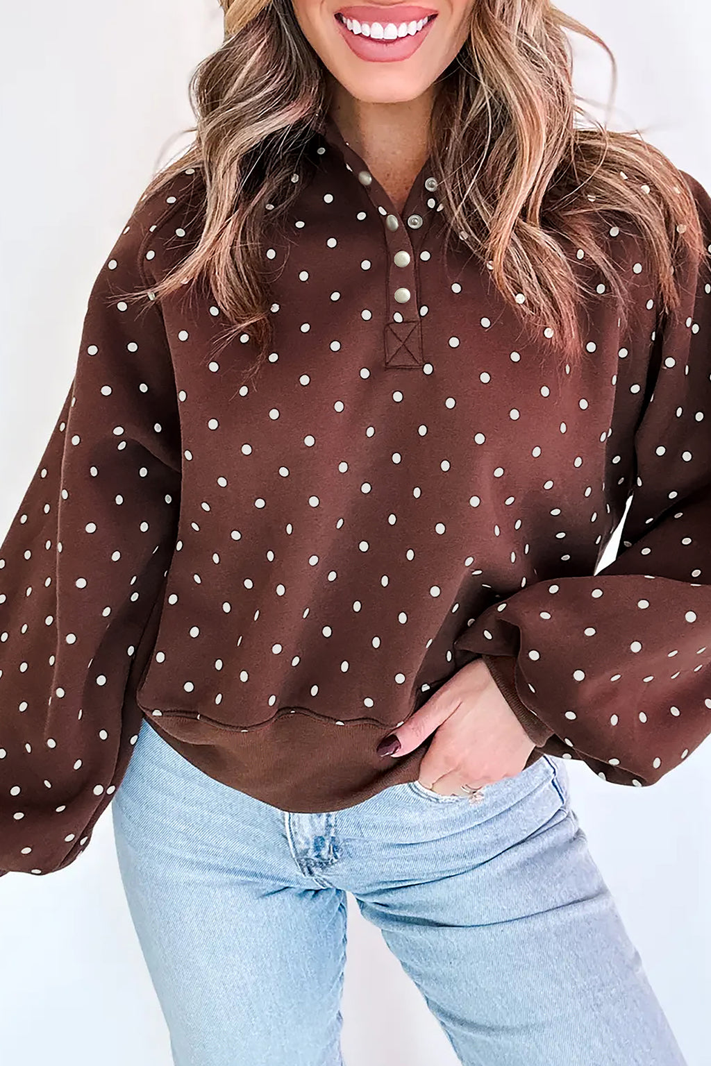 White Polka Dot Print Metal Button Collar Casual Pullover Sweatshirt