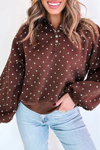 White Polka Dot Print Metal Button Collar Casual Pullover Sweatshirt