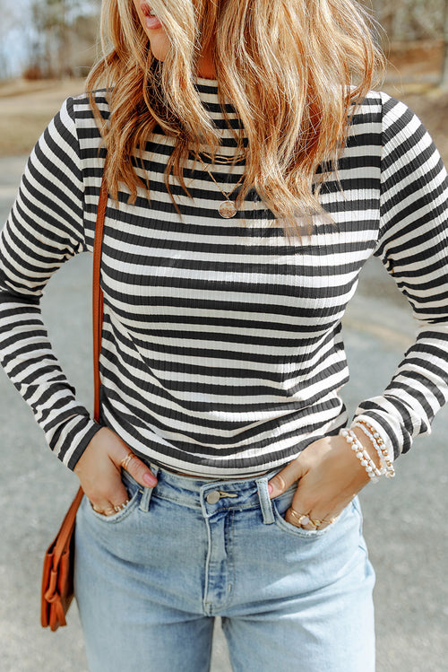 Black Striped Print Textured Knit Long Sleeve Tee