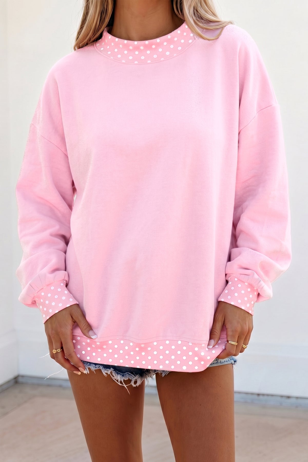 Red Dahlia Colorblock Polka Dot Contrast Trim Oversized Sweatshirt