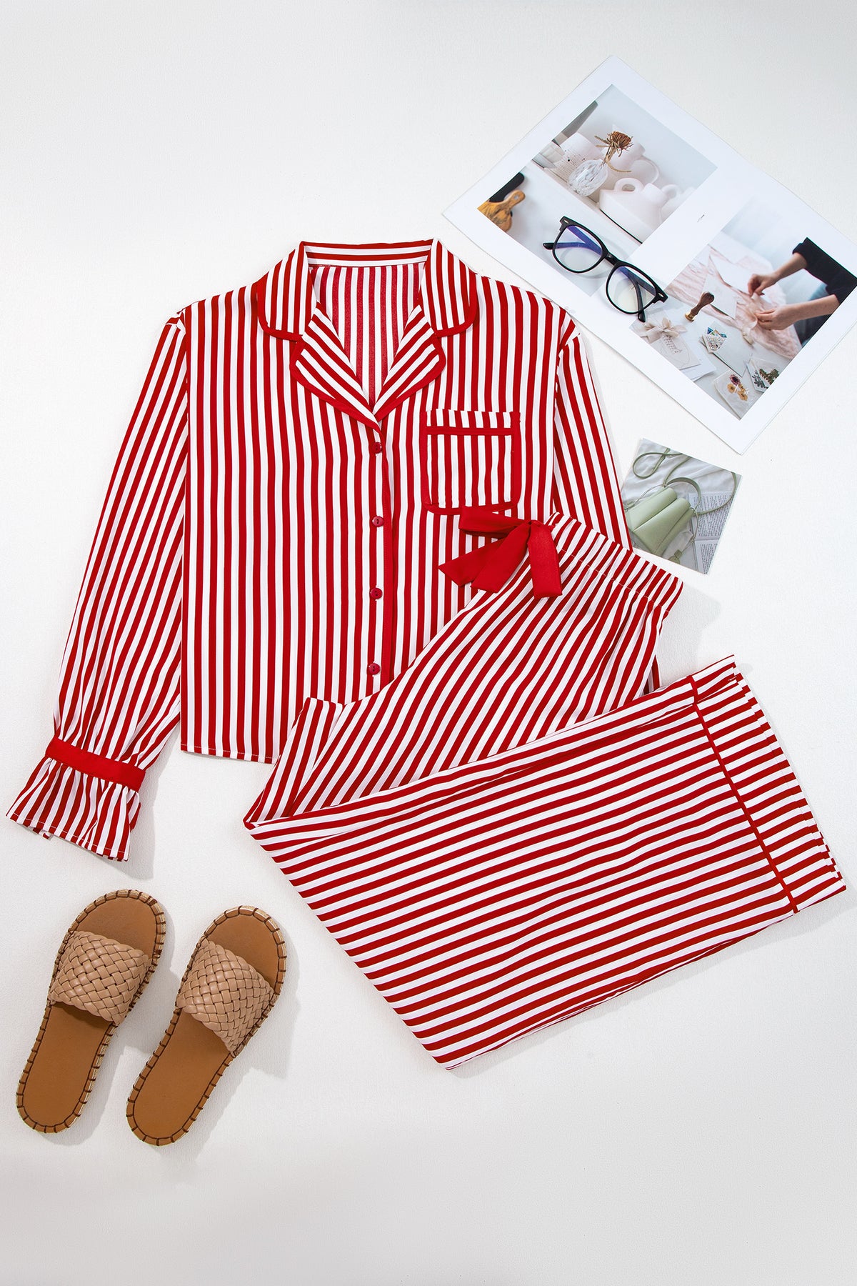 Red Stripe Contrast Velvet Trim Bow Knot Waist 2pcs Pajama Set