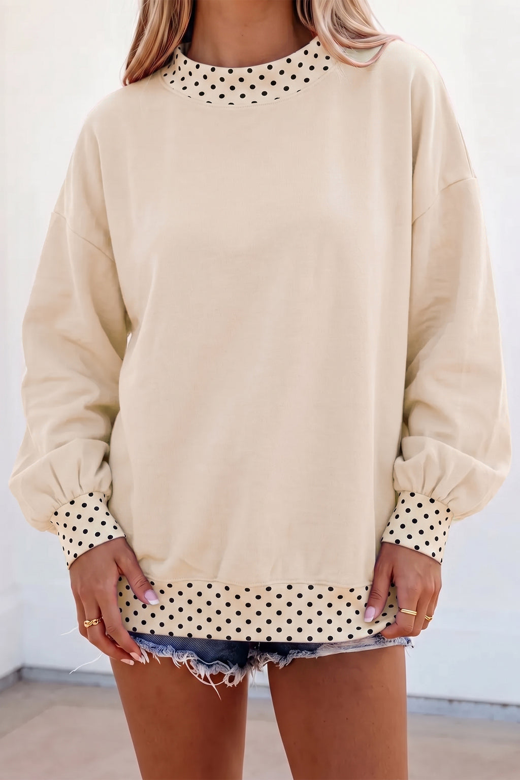 Red Dahlia Colorblock Polka Dot Contrast Trim Oversized Sweatshirt