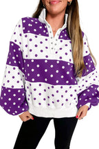 Red Polka Dot Colorblock Half Zip Puff Sleeve Pullover Sweatshirt
