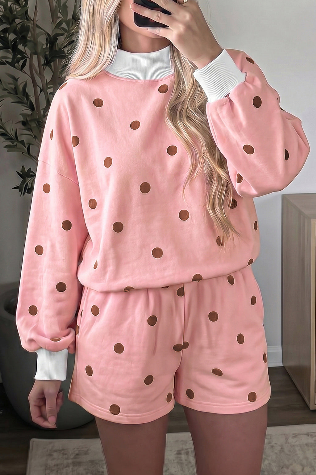 Yellow Polka Dot Ribbed Trim Long Sleeve Top Casual Short Set