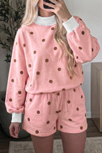 Yellow Polka Dot Ribbed Trim Long Sleeve Top Casual Short Set