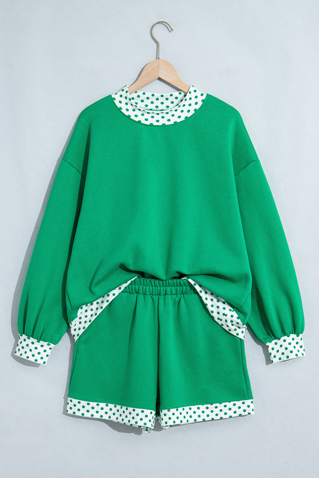 Evergreen Polka Dot Trim Baggy Pullover 2pcs Short Set