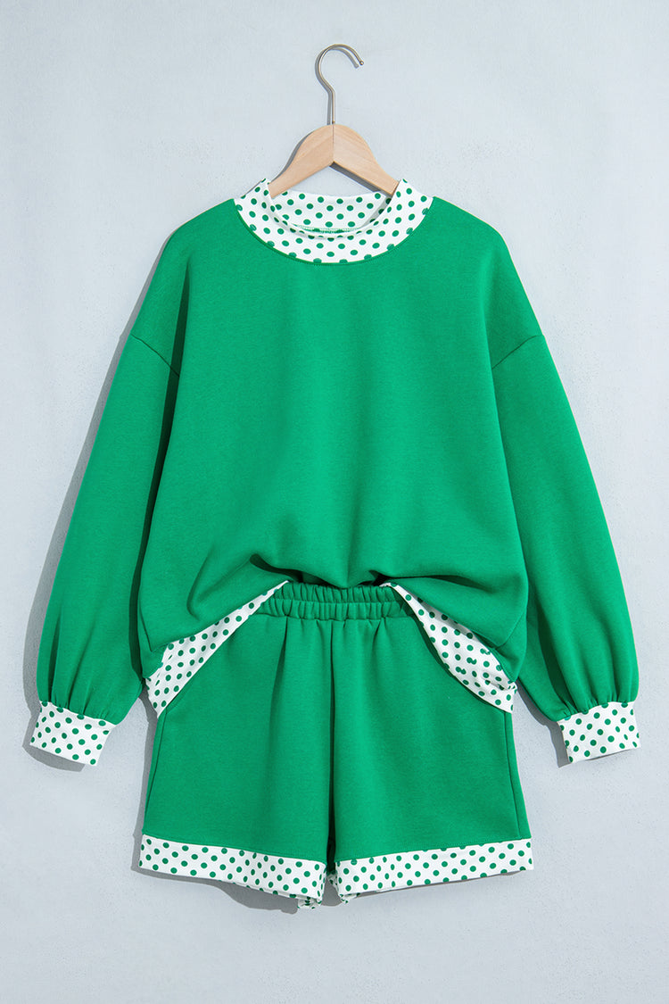 Evergreen Polka Dot Trim Baggy Pullover 2pcs Short Set