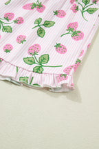Pink Striped Strawberry Print Lapel Shirt Drawstring Shorts 2pcs Pajama Set