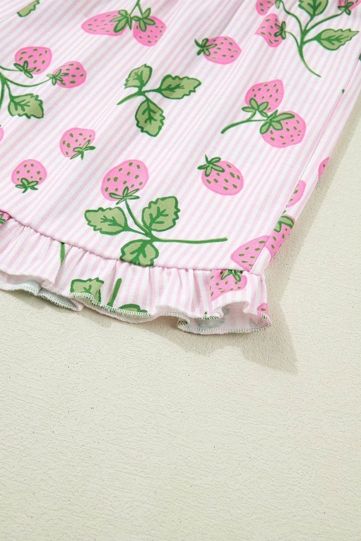 Pink Striped Strawberry Print Lapel Shirt Drawstring Shorts 2pcs Pajama Set