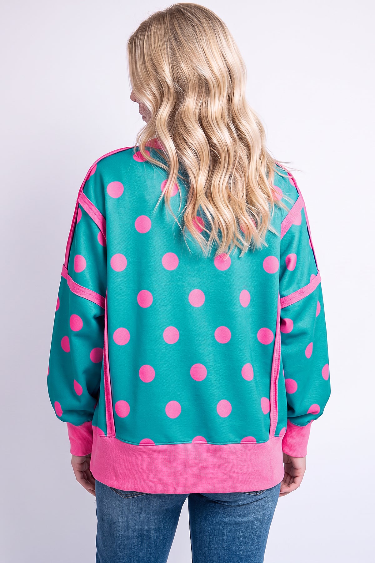 Black Polka Dot Contrast Patchwork Round Neck Baggy Sweatshirt