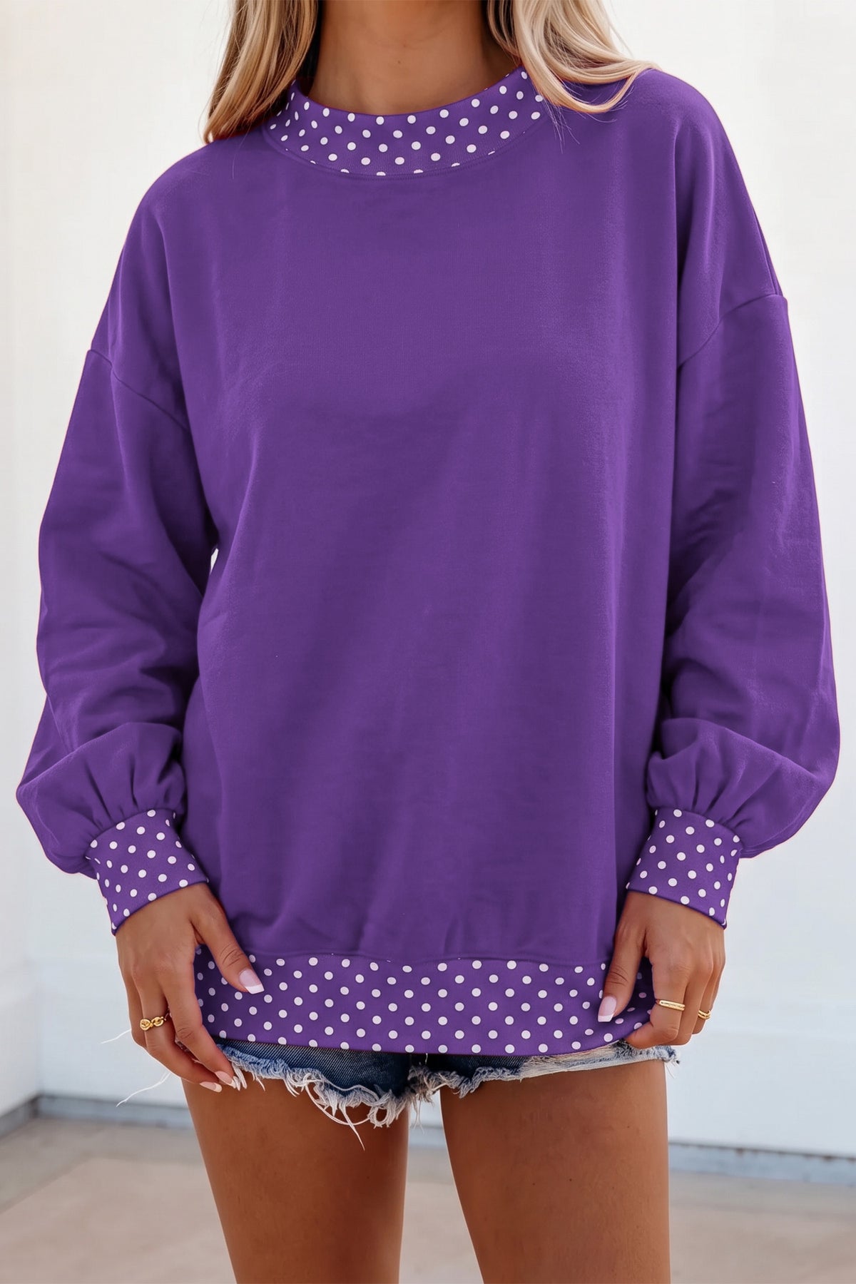Red Dahlia Colorblock Polka Dot Contrast Trim Oversized Sweatshirt
