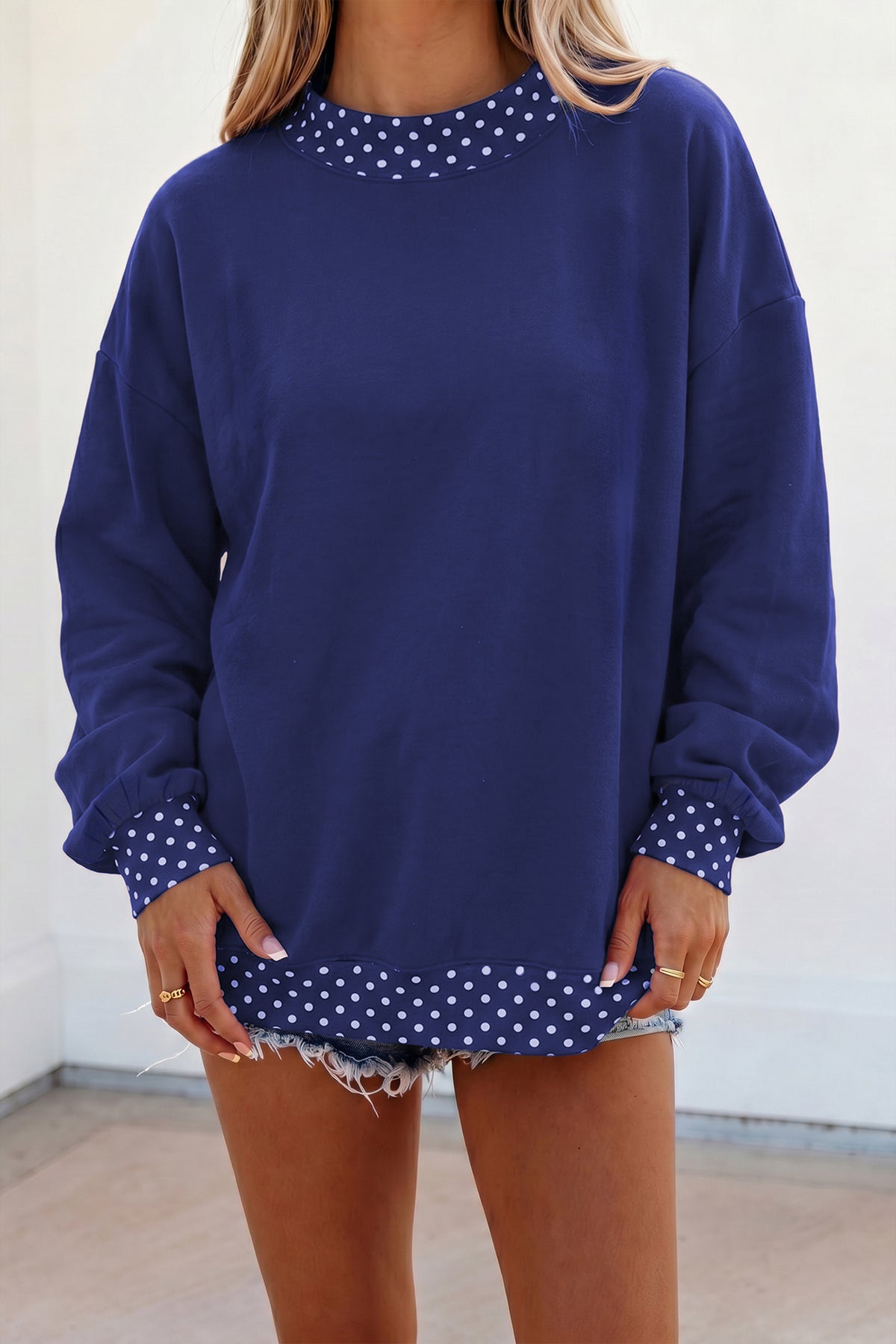 Red Dahlia Colorblock Polka Dot Contrast Trim Oversized Sweatshirt