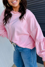 Fiery Red Solid Color Raw Seam Lace Detail Loose Casual Sweatshirt