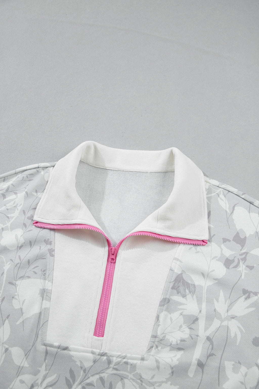 Gray Floral Print Quarter Zip Stand Neck Long Sleeve Sweatshirt