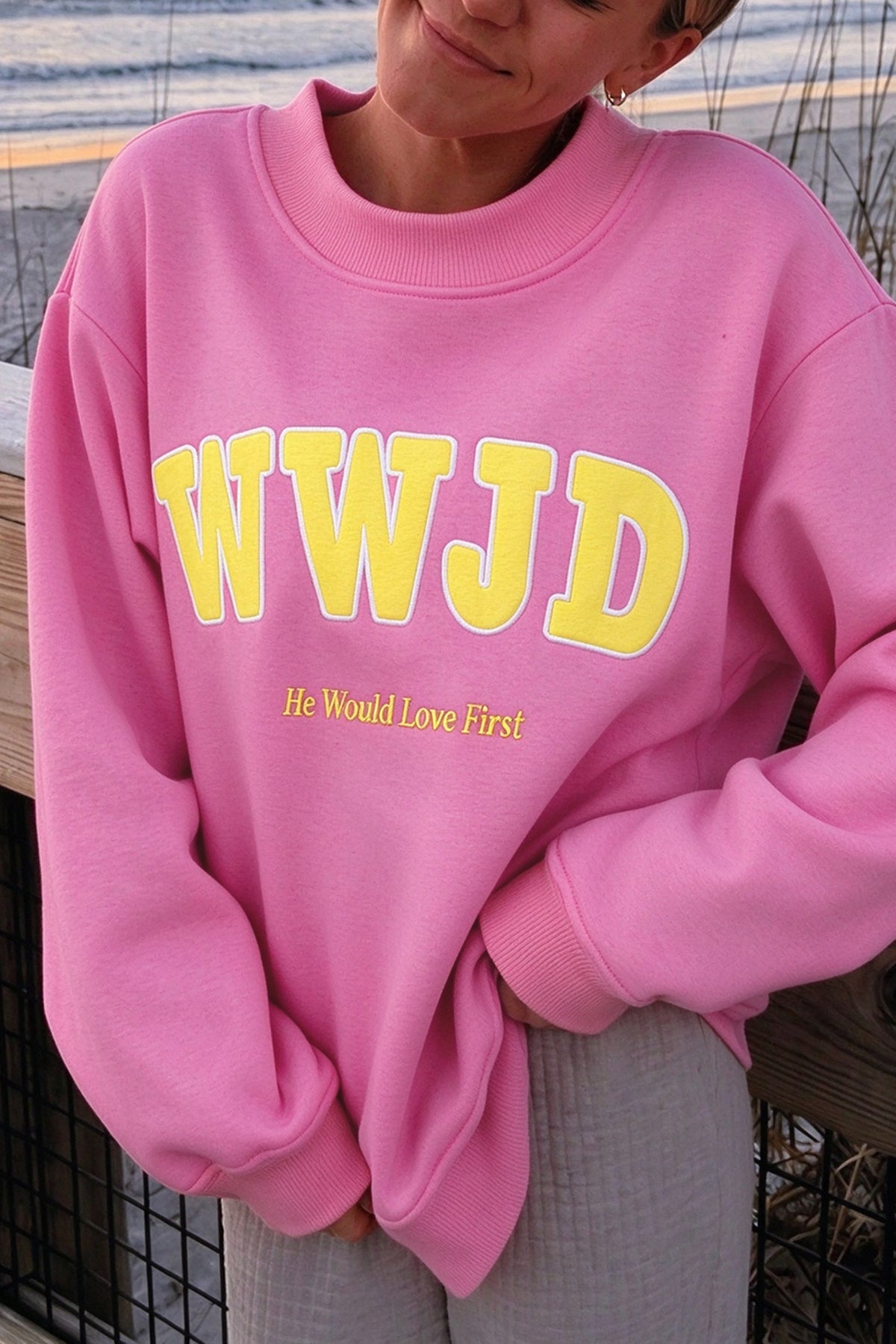Yellow WWJD Embroidered Trim Slogan Graphic Mock Pullover Sweatshirt