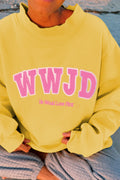 Yellow WWJD Embroidered Trim Slogan Graphic Mock Pullover Sweatshirt