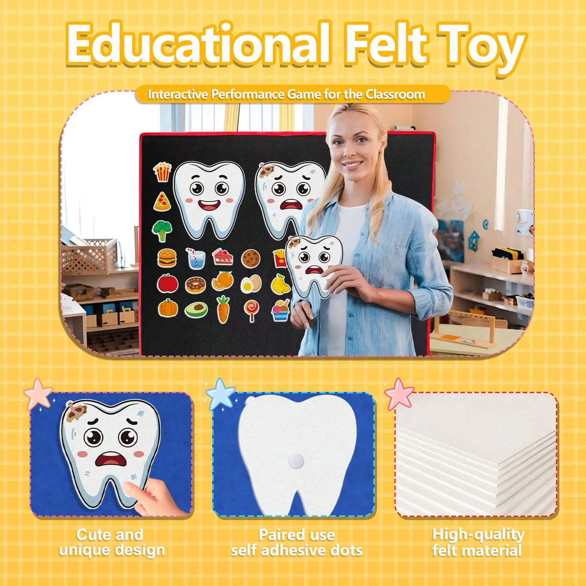 22Pcs Kids Dental Health Felt Set Oral Hygiene Food Sorting Educational Toy for Home And Classroom Learning
